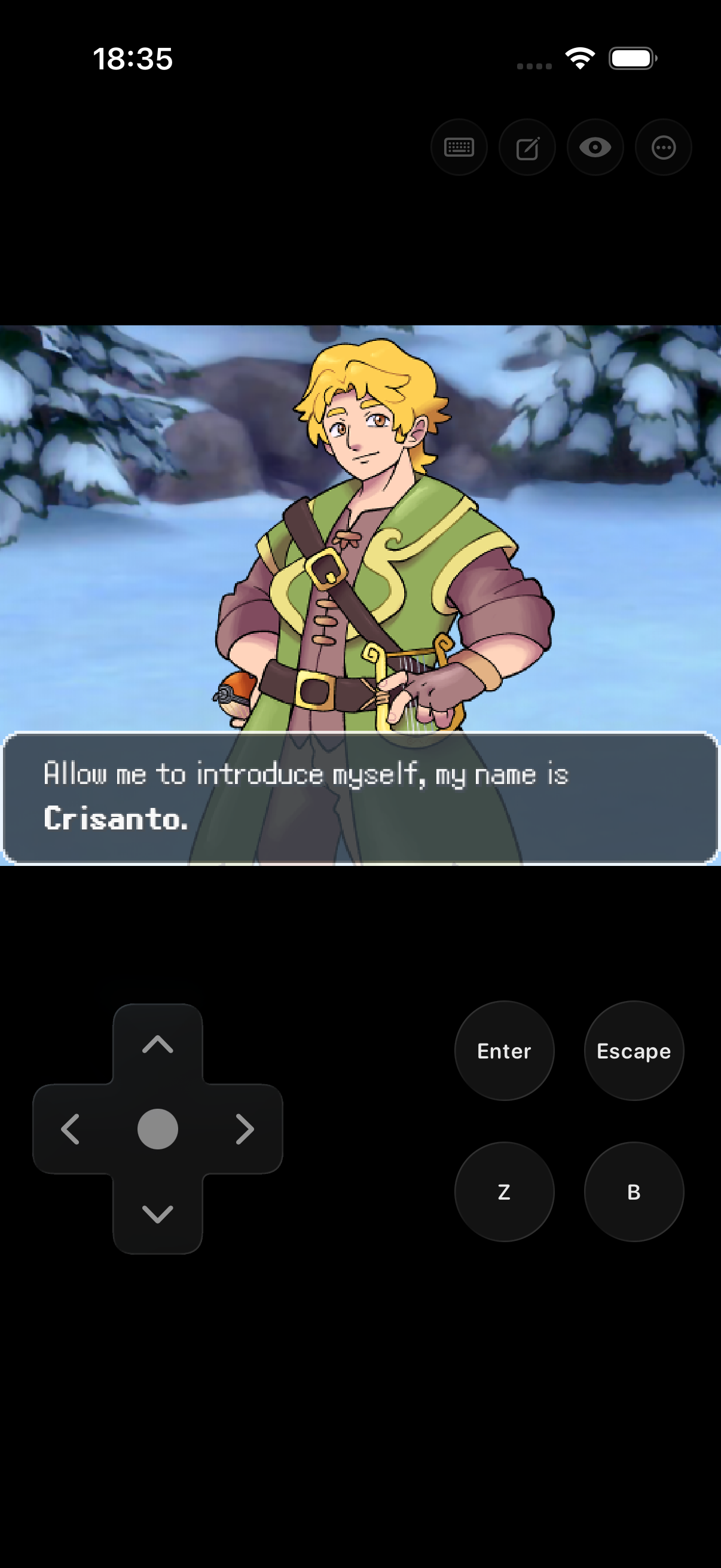 A cinematic scene from an RPG Maker game running in Empo.